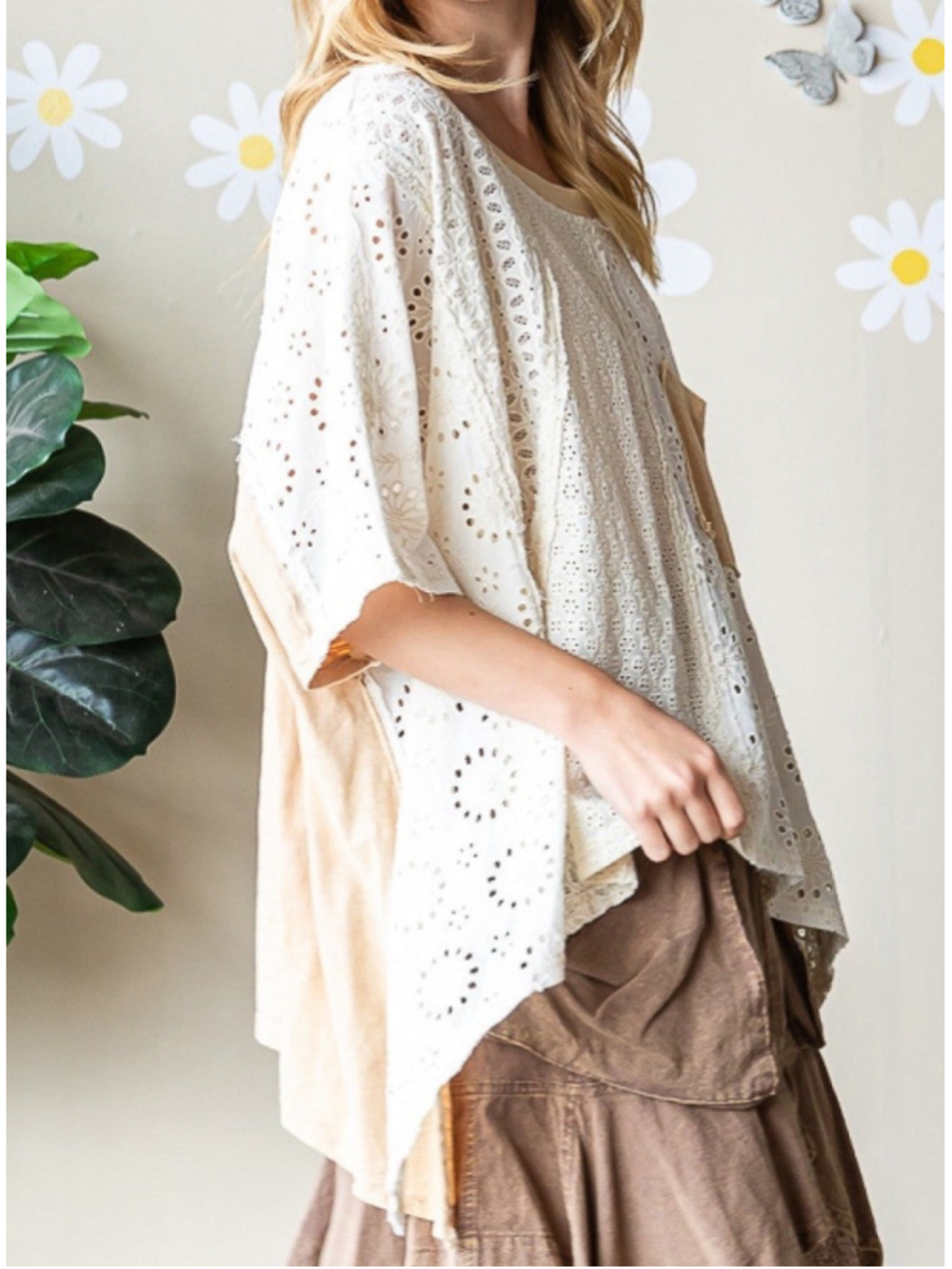 Oli & Hali XL Boho Eyelet Lace Top Tan & Cream Oversized Cottagecore Cotton - Picture 2 of 10